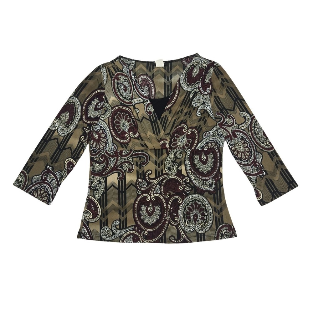 Vintage Y2K Perception Concept Paisley V-Neck 3/4 Sleeve Top Office Alt Work